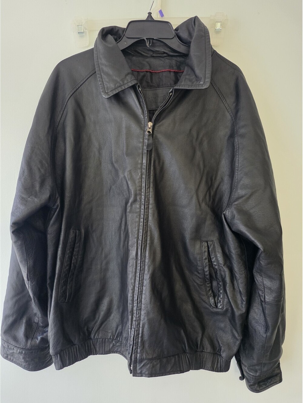 St Johns Bay Mens Large Black Genuine Leather Bomber Jacket Quilted Lined M